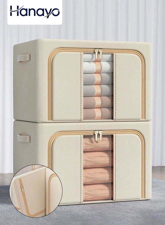 Hanayo 2 Pcs Clothes Storage Box Foldable Storage Baskets with Two-way Zipper Clear Window Stackable Storage Bins with Handle Storage Boxes Clothes Organisers for Organizing Toys Clothes(Khaki) - Image 1