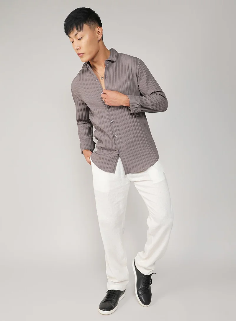 كامبوس سوترا Men's Ash Grey Self-Design Striped Shirt