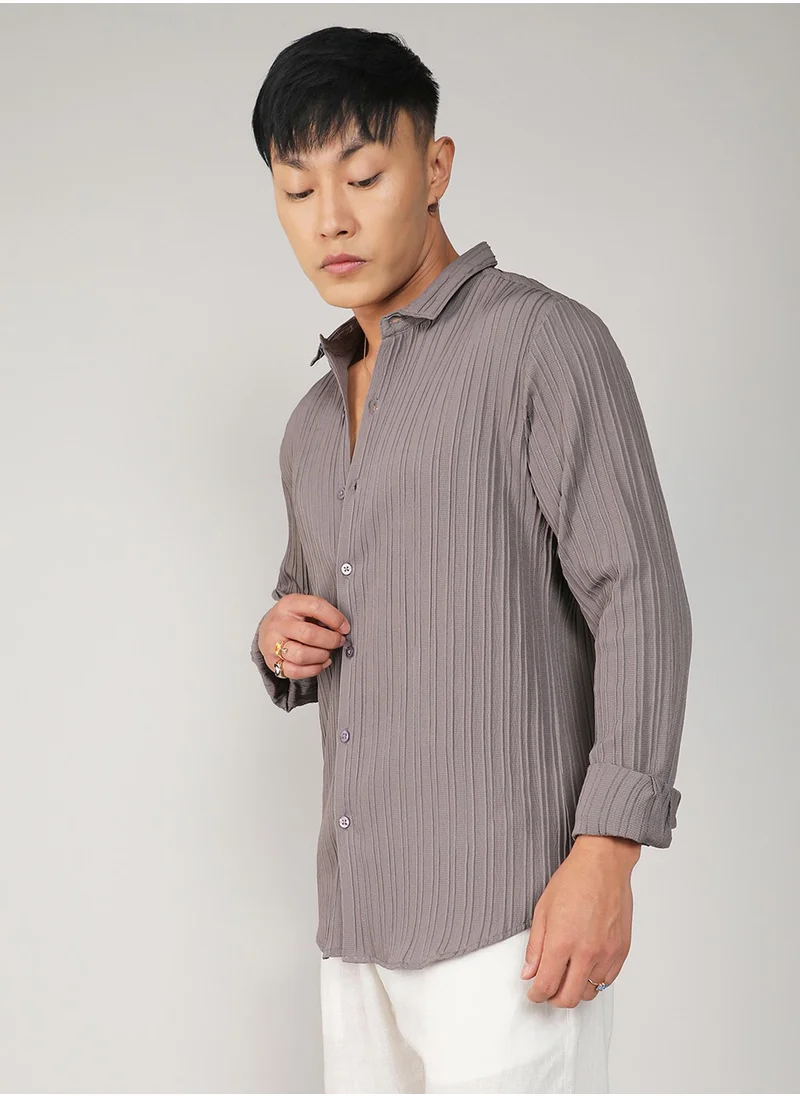 Campus Sutra Men's Ash Grey Self-Design Striped Shirt