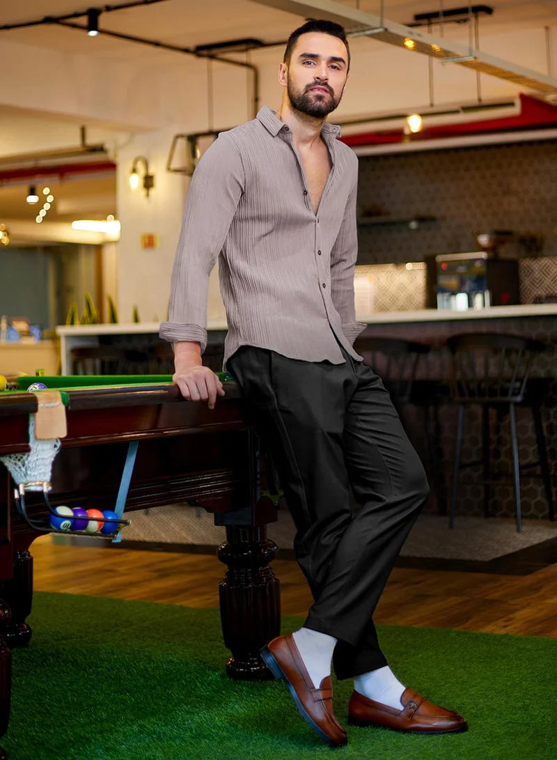 كامبوس سوترا Men's Ash Grey Self-Design Striped Shirt