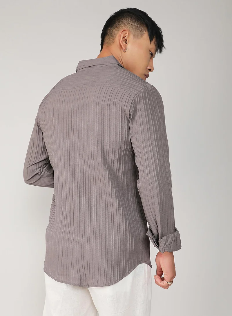 كامبوس سوترا Men's Ash Grey Self-Design Striped Shirt