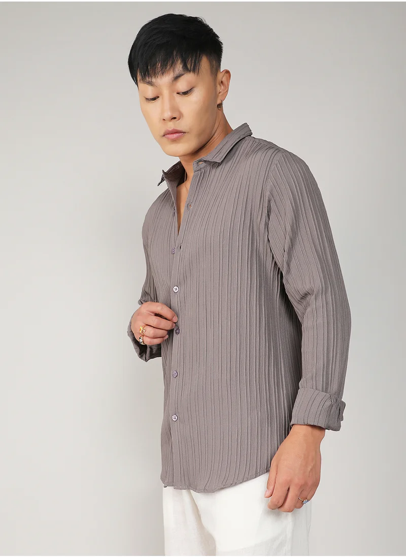 كامبوس سوترا Men's Ash Grey Self-Design Striped Shirt