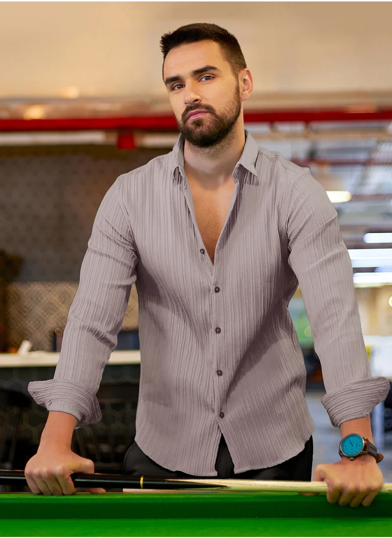 كامبوس سوترا Men's Ash Grey Self-Design Striped Shirt