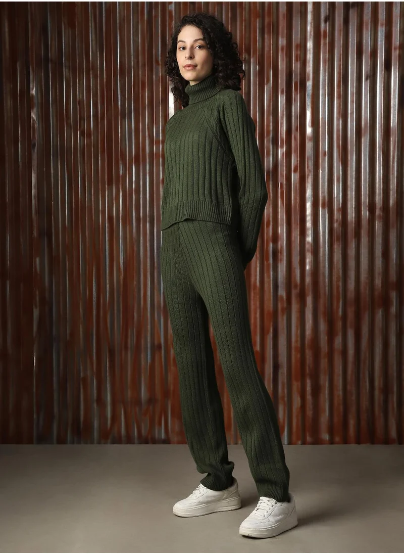 HIGH STAR Women's Dark Green 100% Acrylic Solid Full Length Casual Co-Ords