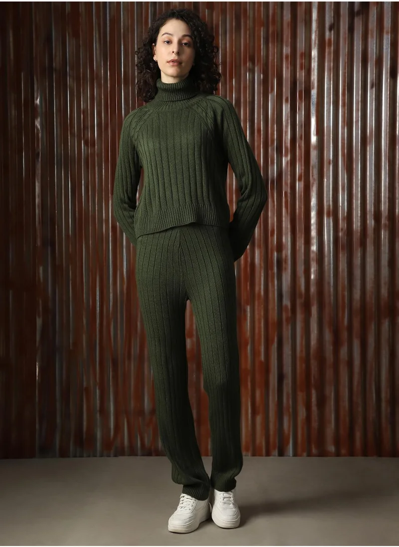 HIGH STAR Women's Dark Green 100% Acrylic Solid Full Length Casual Co-Ords