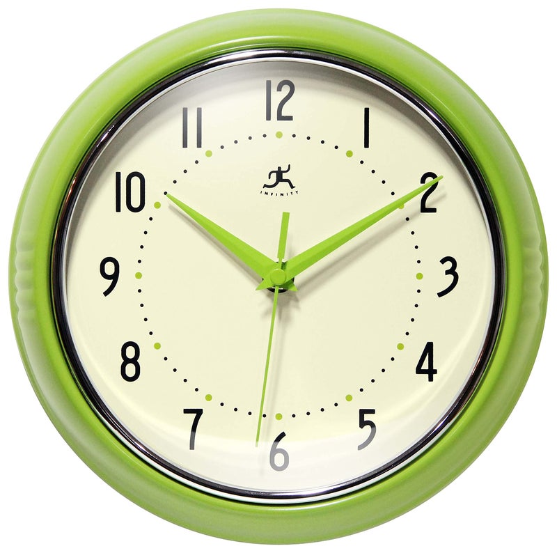 Infinity Instruments LTD Retro 9 inch Silent Sweep NonTicking Mid Century Modern Kitchen Diner Wall Clock Quartz Movement Retro Wall Clock Decorative Apple Green