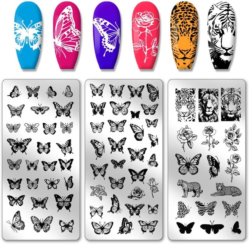PH PandaHall 3pcs Butterflies Nail Stamper Lion Tiger Nail Stamping Plate Flower Nail Art Stencils Print Nail Stencils Stainless Steel Nail Image Plates for Nail Art Design Print Manicure Salon