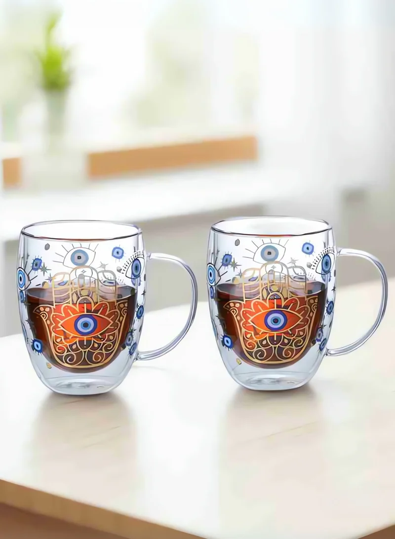 1Chase Borosilicate Double Wall Evil Eye Theme Printed Drinking Coffee Tea Mug Glasses, 350ML, Set of 2