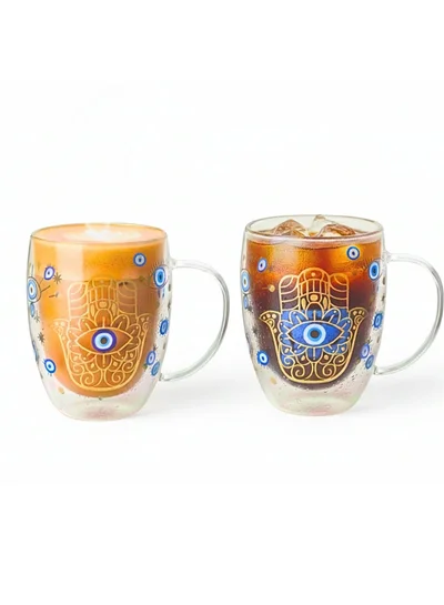 1Chase Borosilicate Double Wall Evil Eye Theme Printed Drinking Coffee Tea Mug Glasses, 350ML, Set of 2