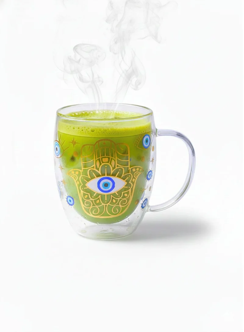 1Chase Borosilicate Double Wall Evil Eye Theme Printed Drinking Coffee Tea Mug Glasses, 350ML, Set of 2