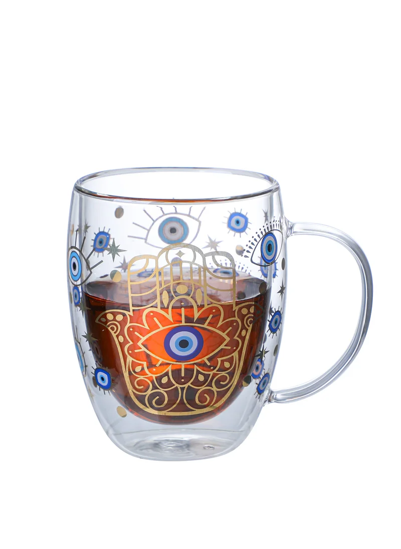 1Chase Borosilicate Evil Eye Printed Double Wall Glass with Handle and Straw 350 ML (Set of 2)