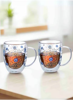 Borosilicate Double Wall Evil Eye Theme Printed Drinking Coffee Tea Mug Glasses, 350ML, Set of 2