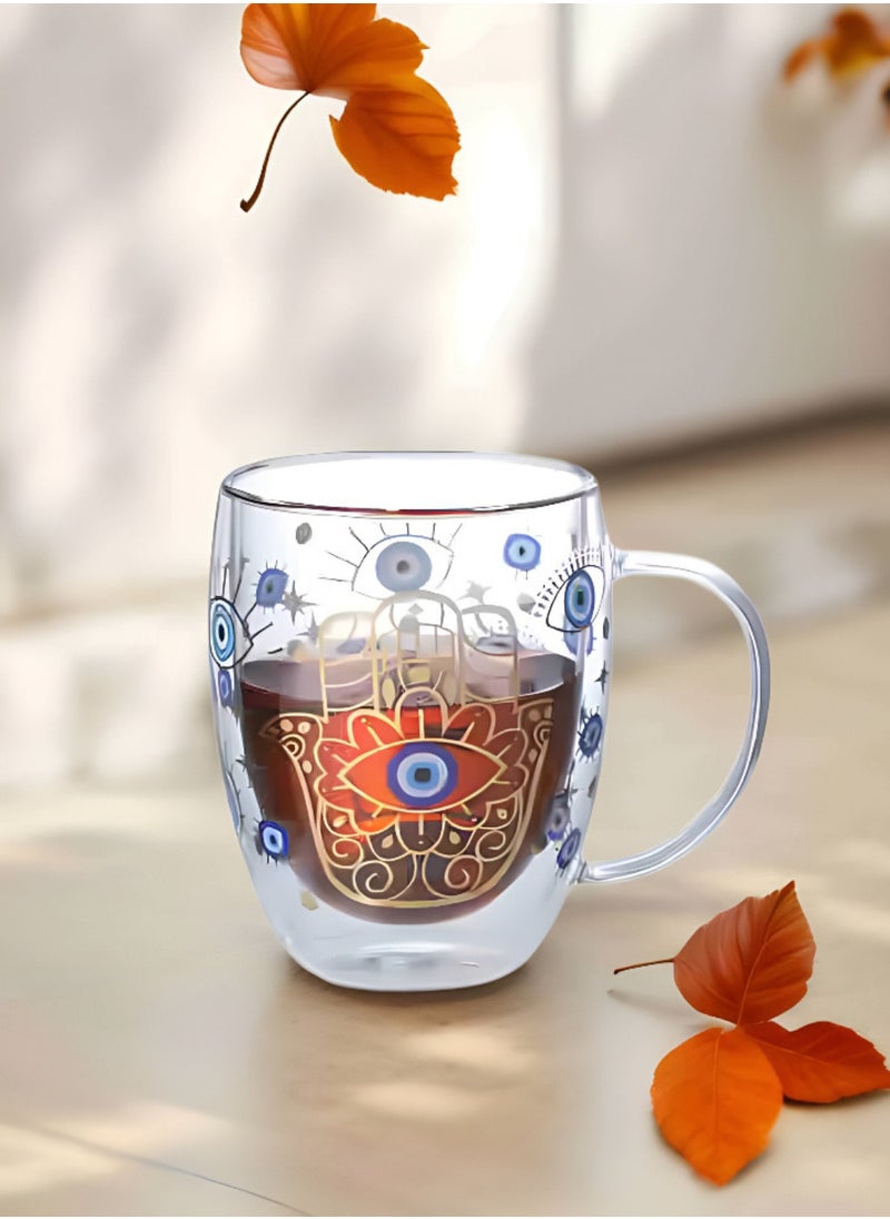 1Chase - Borosilicate Double Wall Evil Eye Theme Printed Drinking Coffee Tea Mug Glasses, 350ML, Set of 2 - Image 1
