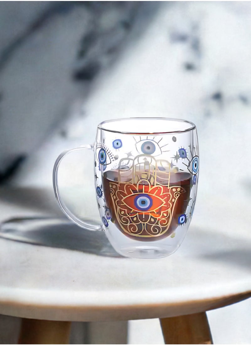 1Chase - Borosilicate Double Wall Evil Eye Theme Printed Drinking Coffee Tea Mug Glasses, 350ML, Set of 2 - Image 1
