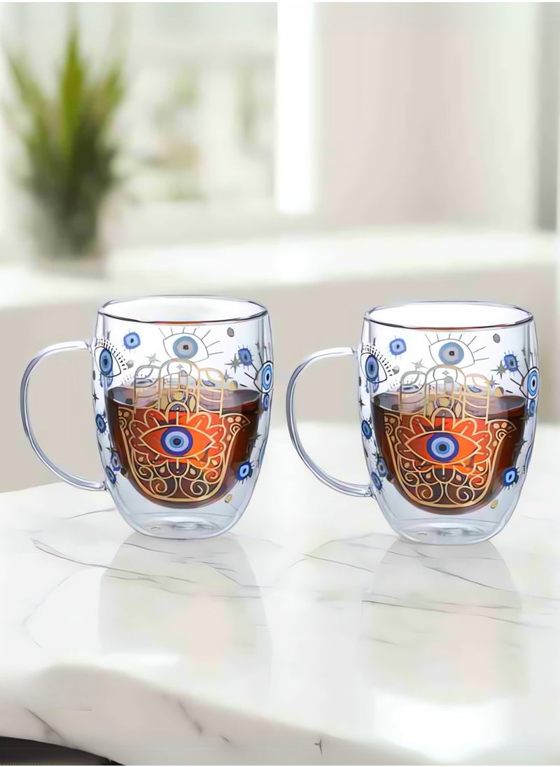1Chase - Borosilicate Double Wall Evil Eye Theme Printed Drinking Coffee Tea Mug Glasses, 350ML, Set of 2 - Image 1