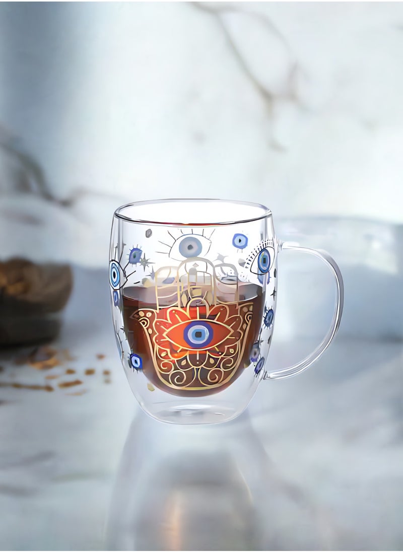 1Chase - Borosilicate Double Wall Evil Eye Theme Printed Drinking Coffee Tea Mug Glasses, 350ML, Set of 2 - Image 1
