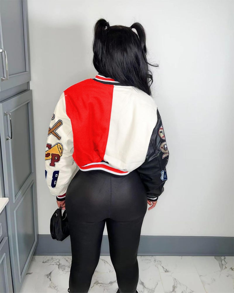 Glitrandi Varsity Jacket for Women Jacket with Patches Cropped Bomber Leather Jacket Woman Winter Spring 2025 S-XXL - Image 2