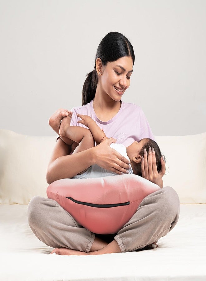Wakefit Feeding Pillow for New Born Baby | 3 Months Warranty | 5 in 1 Nursing Pillow with Belt and Hoop for Breastfeeding with Velvet Removable Cover | Pink - Image 1