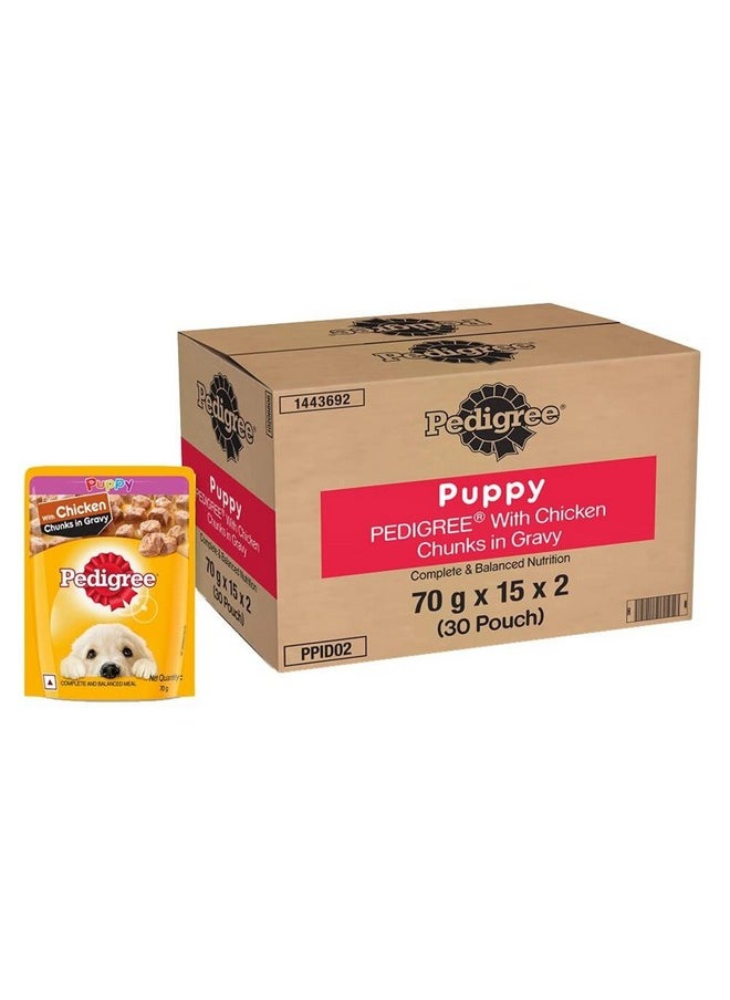 Pedigree Pedigree Puppy Wet Dog Food, Chicken & Liver Chunks in Gravy, 70 g (Pack of 30), Made with Real Meat, 100% Complete & Balanced Meal for Puppies  - Image 1