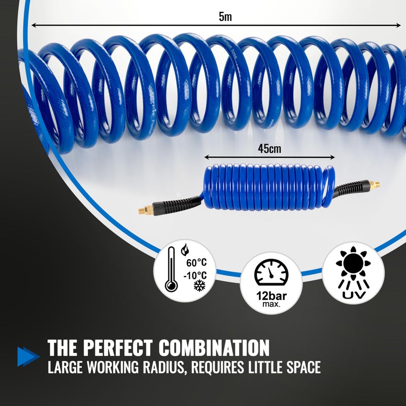 Poppstar Poppstar 5 m compressed air spiral hose with Ø 8 mm x 12 mm, bend protection, improved swivel connection G 1/4 inch male - Image 2