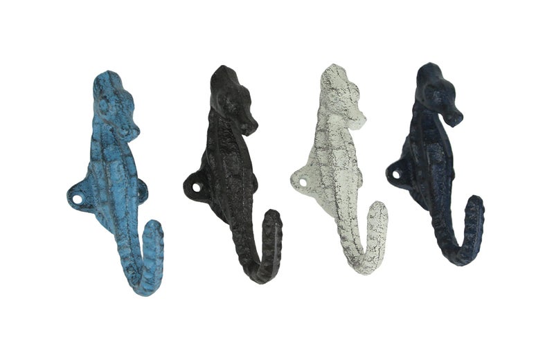 Zeckos Set of 4 Coastal Cast Iron Seahorse Wall Hooks - Decorative Ocean Hooks for Towels, Bags, and More - Easy Installation - Vibrant Colors - 5 Inches High - Image 1