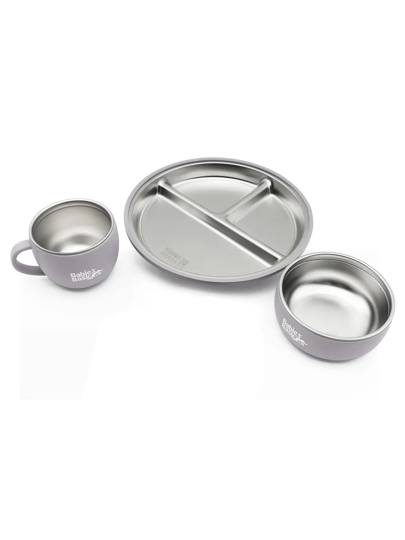 Babies Basic Babies Basic Stainless Steel Plate, Bowl, and Cup with Silicone Sleeve for Kids, Gray