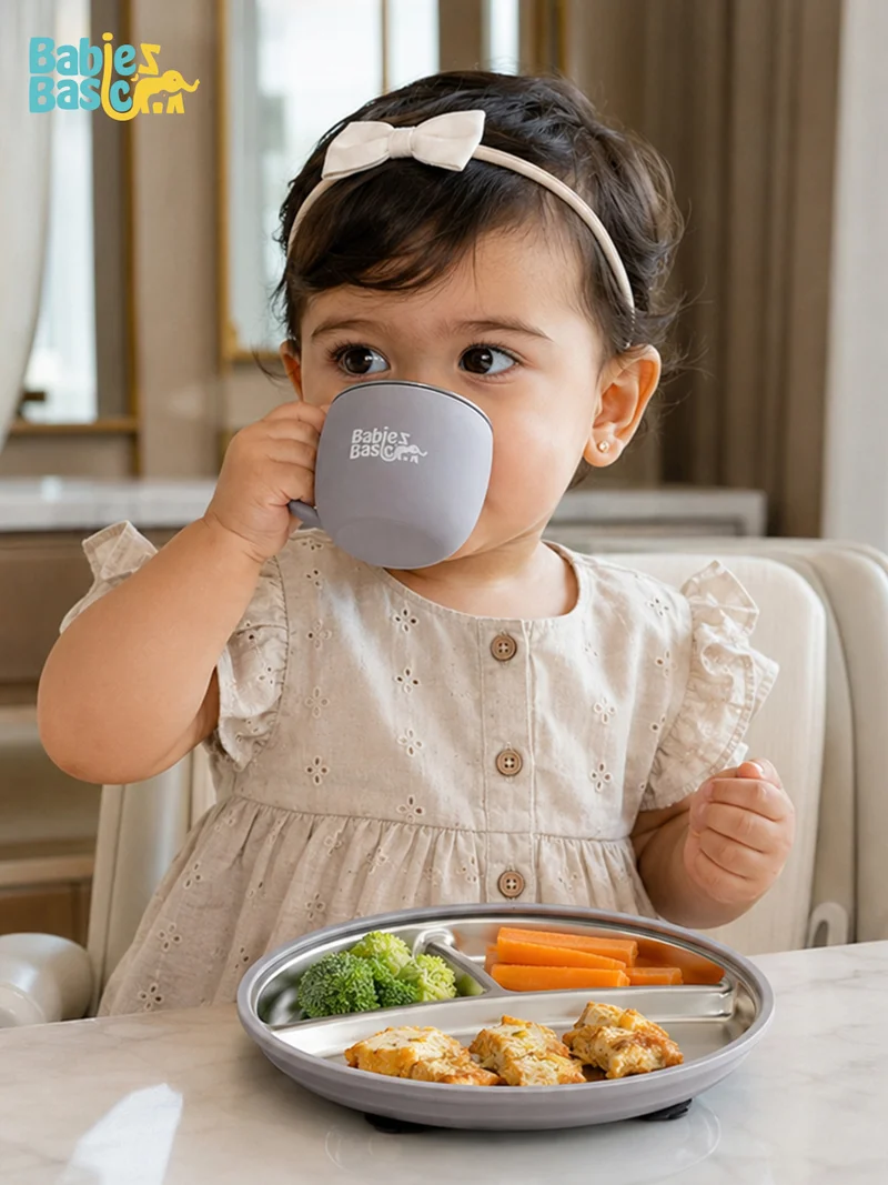 Babies Basic Babies Basic Stainless Steel Plate, Bowl, and Cup with Silicone Sleeve for Kids, Gray