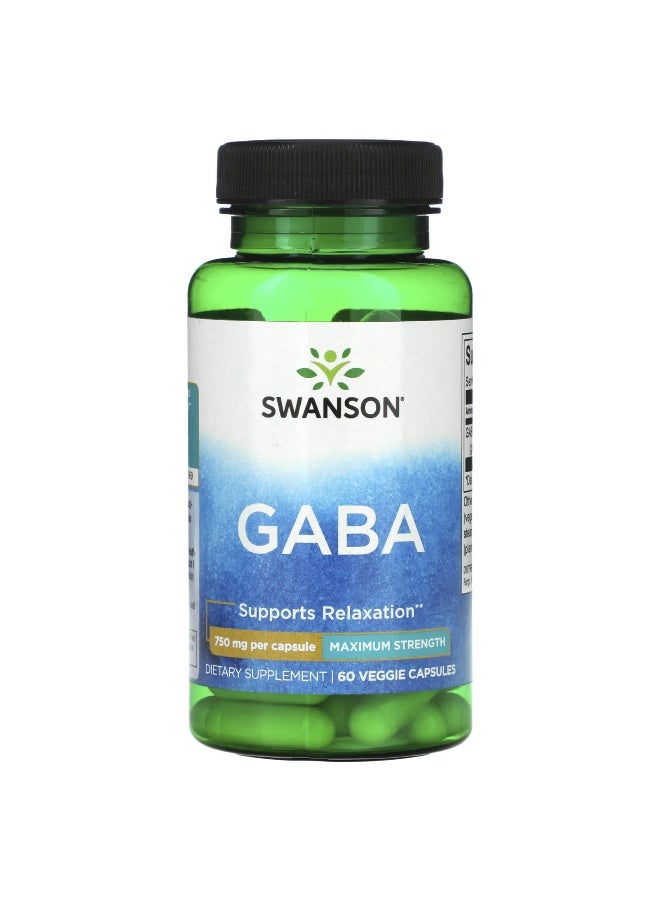 SWANSON سوانسون، غابا، قوة قصوى، 750 ملغ، 60 كبسولة نباتية - Image 1
