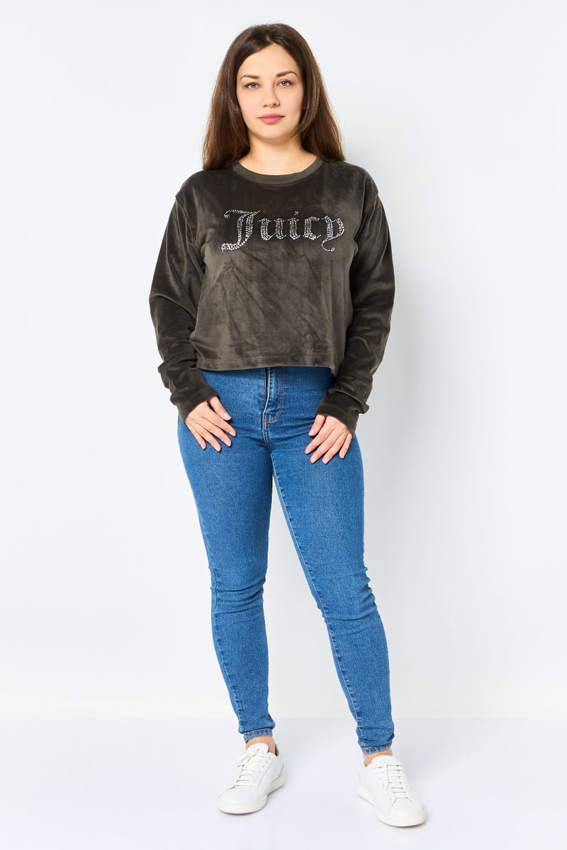 Juicy Couture Women Crew Neck Brand Logo Long Sleeve Sweatshirt, Dark Olive - Image 2