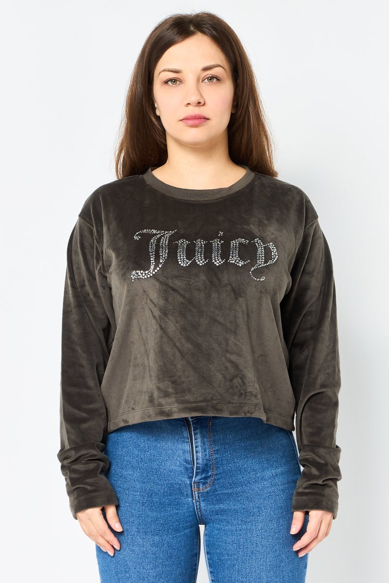 Juicy Couture Women Crew Neck Brand Logo Long Sleeve Sweatshirt, Dark Olive - Image 1