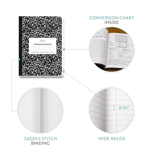 Alitte Composition Notebooks 12-Pack | Wide Ruled, 200 Pages (100 Sheets) | Black Marble, Smooth Thick Pages | 9.75x7.5, | School Notebooks, Writing Pads - Image 2