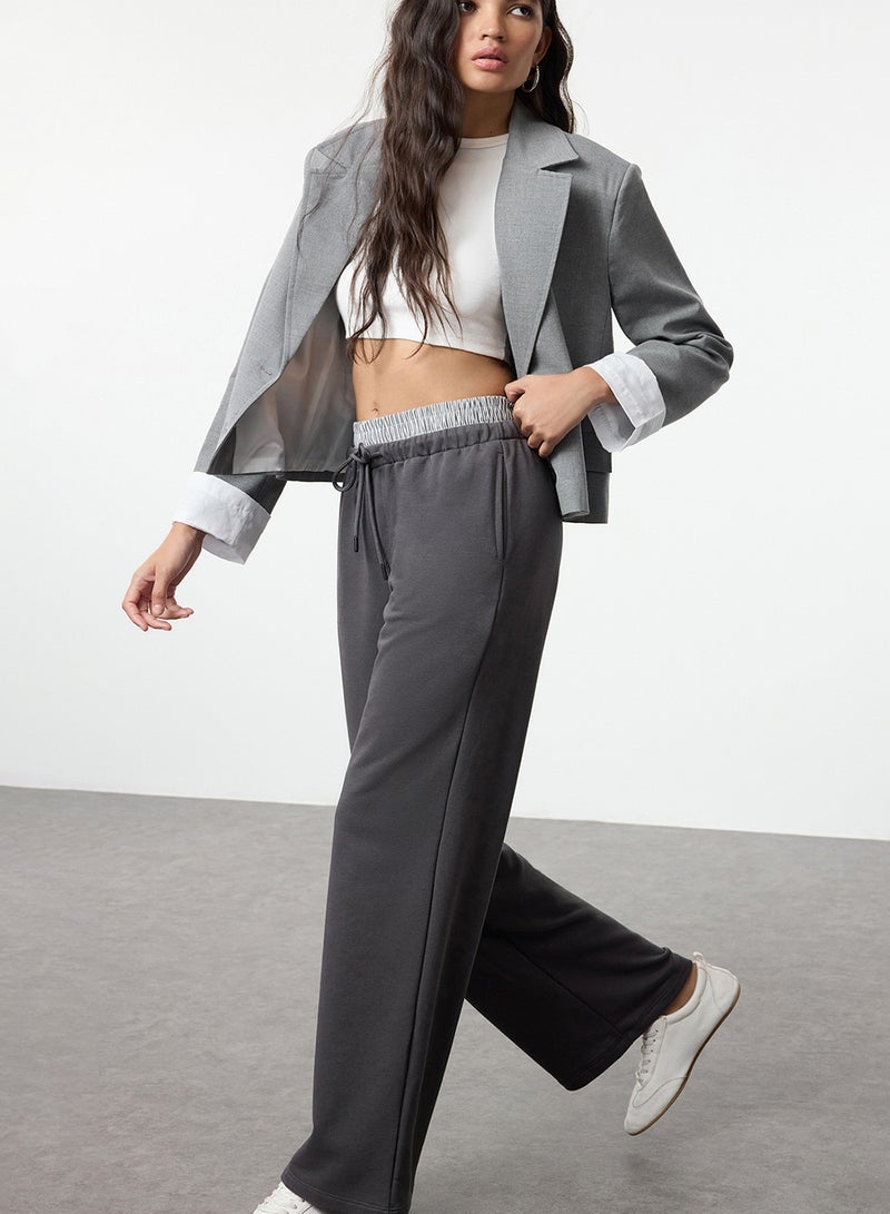 trendyol Anthracite Rubber Waist Detailed Straight/Straight Fit Knitted Sweatpants Trousers - Image 2