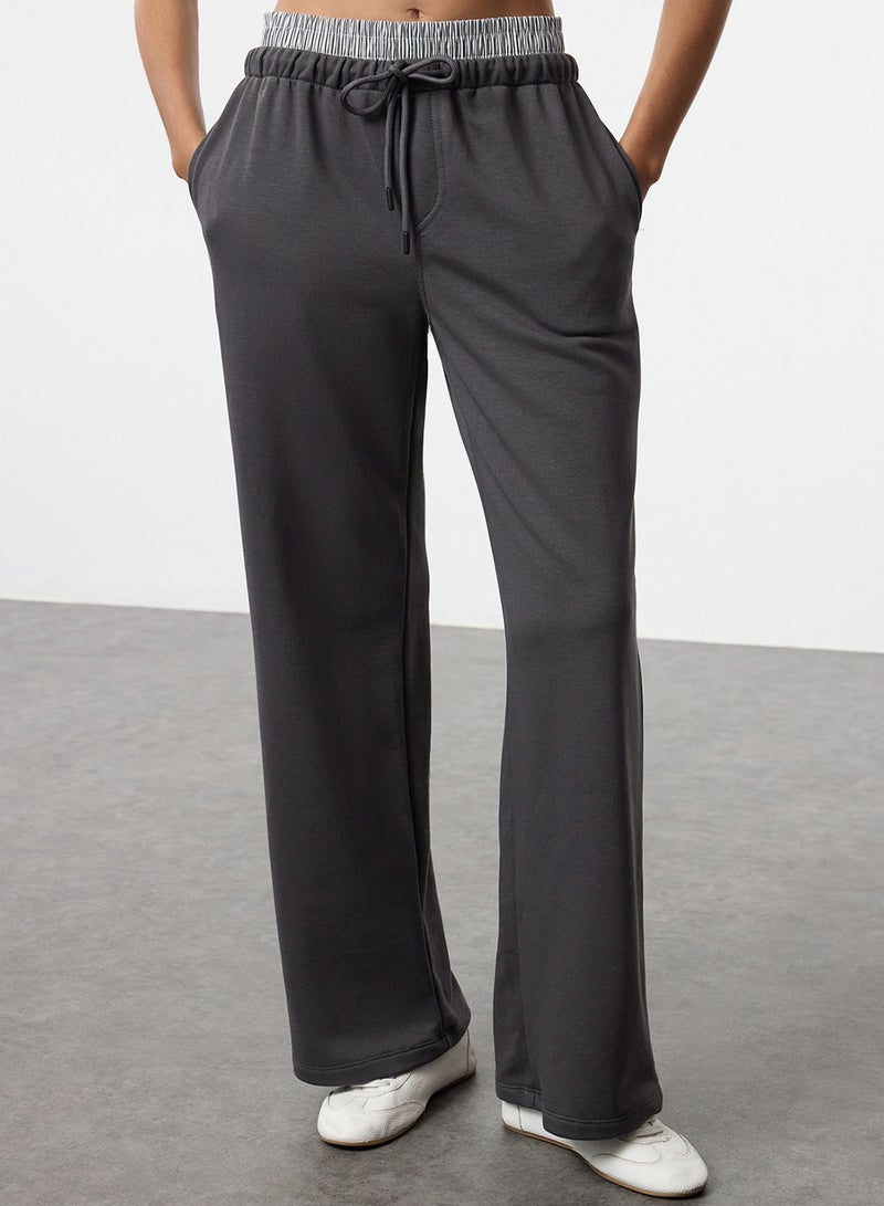 trendyol Anthracite Rubber Waist Detailed Straight/Straight Fit Knitted Sweatpants Trousers - Image 3