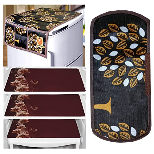 KANUSHI Industries® 1Pc Fridge Cover for Top with 6 Utility Pockets + 1 Handles Covers + 3 Fridge Mats (VAR-FRI-BROWN-TREE-COMBO-M-11) - Image 1