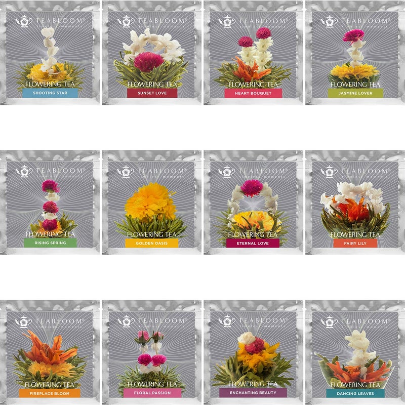 Teabloom Flowering Tea - 12 Unique Varieties of Blooming Tea Flowers - Hand-Tied Green Tea Leaves & Edible Flowers - 12-Pack Gift Canister - Image 2