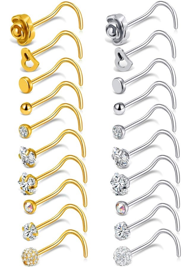 Tornito 20G 20Pcs Stainless Steel Nose Bone L Shaped Screw Studs Rings CZ Nose Ring Labret Nose Piercing Jewelry for Men Women (A1:20Pcs) (B:20Pcs Screw Shaped(Silver+Gold)) - Image 1