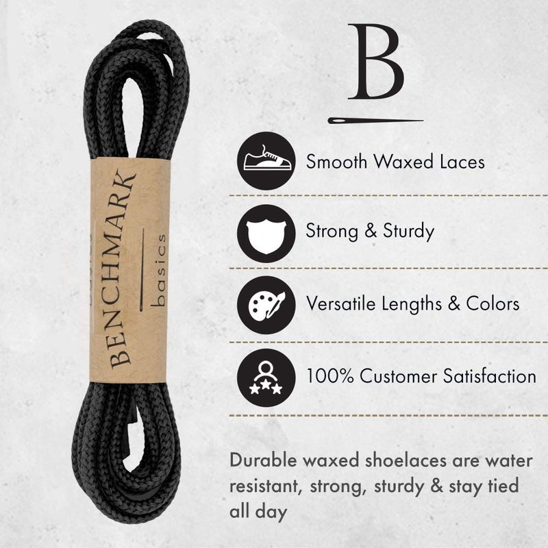 Benchmark Basics 33" Black Dress Shoe Laces - Round Waxed Shoestrings for Shoes & Boots - 1/10" (2.5mm) Diameter - 1 Pair - Image 2