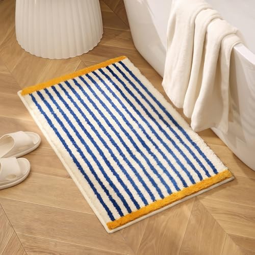 GIB cleaningtool GIB Bathroom Rugs Mat 32 x 20 Extra Soft Absorbent Plush Fluffy Bath Rugs NonSlip Washable Bath Mats for Bathroom Floor Shower Home Decor Accessories Blue White Striped with Yellow Accents - Image 1