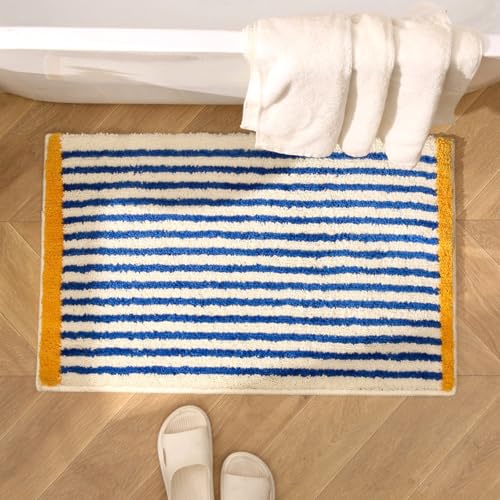 GIB cleaningtool GIB Bathroom Rugs Mat 32 x 20 Extra Soft Absorbent Plush Fluffy Bath Rugs NonSlip Washable Bath Mats for Bathroom Floor Shower Home Decor Accessories Blue White Striped with Yellow Accents - Image 3