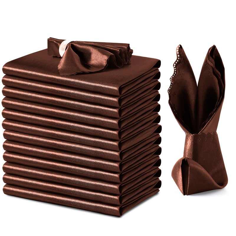 VACVELT 12 Pack Chocolate Brown Satin Napkins 17x17 Inch Wedding Napkins Scalloped Elegant Dinner Napkins Square Table Napkins Decor Silky Satin Cloth Napkins for Restaurant Banquet Graduation Party - Image 2