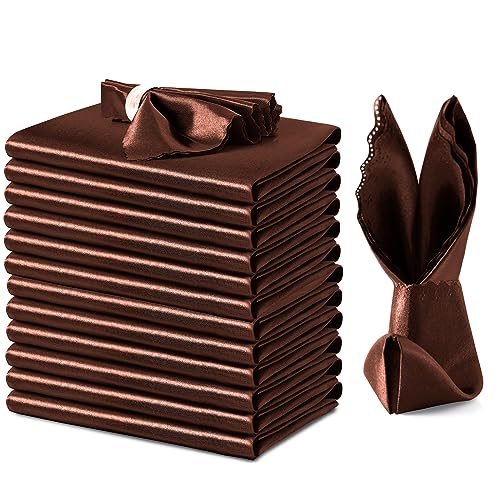 VACVELT 12 Pack Chocolate Brown Satin Napkins 17x17 Inch Wedding Napkins Scalloped Elegant Dinner Napkins Square Table Napkins Decor Silky Satin Cloth Napkins for Restaurant Banquet Graduation Party - Image 1