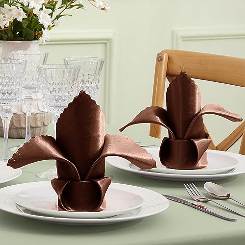 VACVELT 12 Pack Chocolate Brown Satin Napkins 17x17 Inch Wedding Napkins Scalloped Elegant Dinner Napkins Square Table Napkins Decor Silky Satin Cloth Napkins for Restaurant Banquet Graduation Party - Image 3