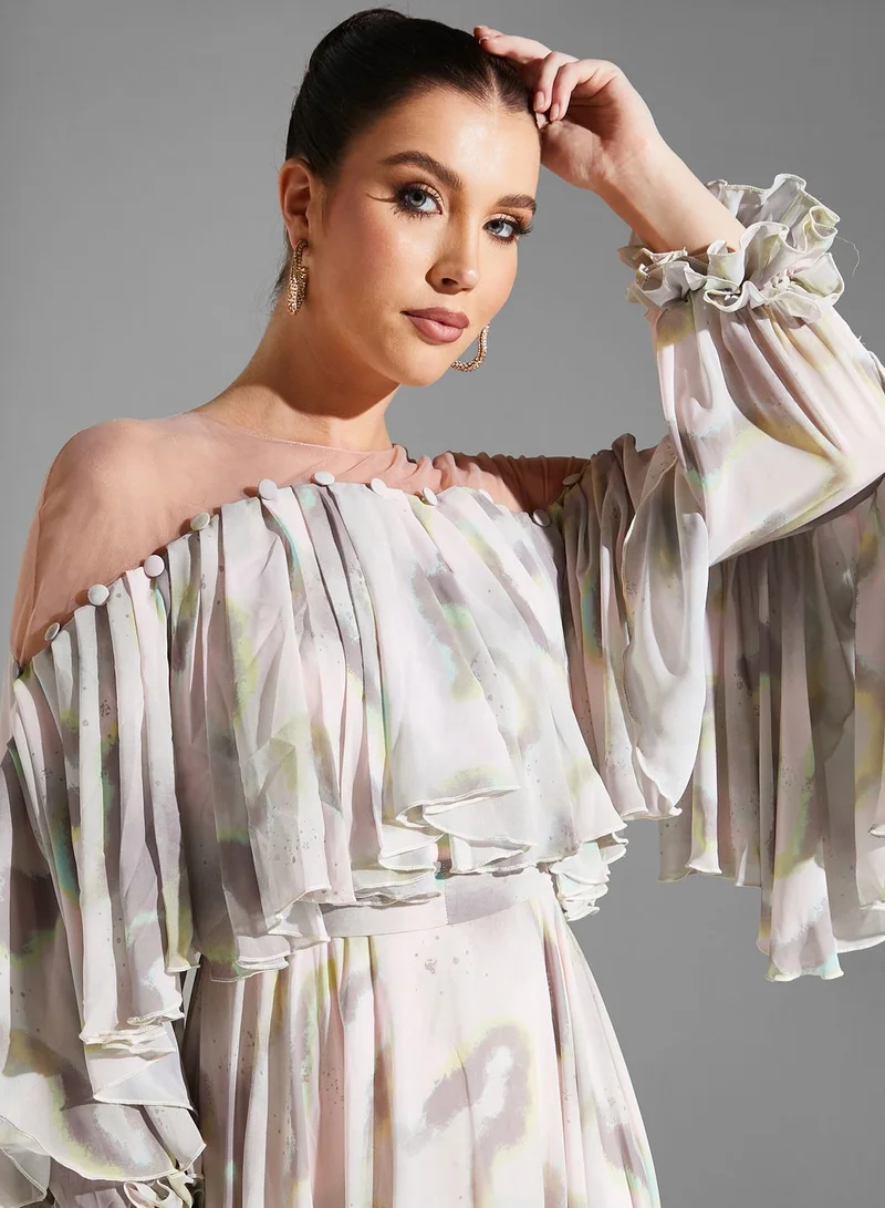 Iyra Cape Sleeve Tiered Printed Dress