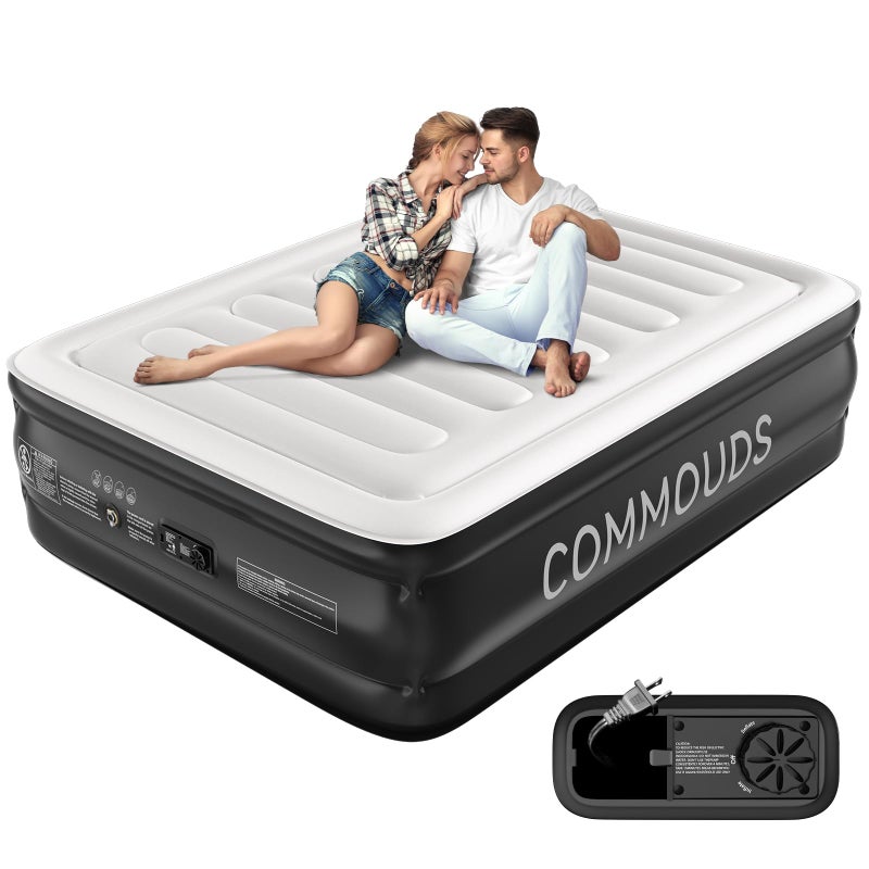COMMOUDS Queen Air Mattress with Built-in Pump, 18" Raised Blow up Mattress, Comfort Inflatable Mattress with Waterproof Flocked Top, Portable Airbed for Guests, Camping, Home & Travel Use, 660lbs Max - Image 1