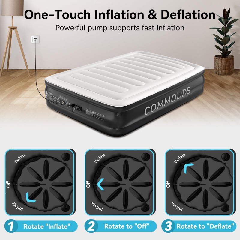 COMMOUDS Queen Air Mattress with Built-in Pump, 18" Raised Blow up Mattress, Comfort Inflatable Mattress with Waterproof Flocked Top, Portable Airbed for Guests, Camping, Home & Travel Use, 660lbs Max - Image 4