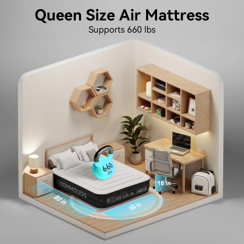 COMMOUDS Queen Air Mattress with Built-in Pump, 18" Raised Blow up Mattress, Comfort Inflatable Mattress with Waterproof Flocked Top, Portable Airbed for Guests, Camping, Home & Travel Use, 660lbs Max - Image 5