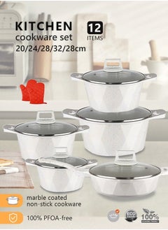 HK 12-piece Marble Cookware Set Aluminum Pots And Pans With Non-stick Surface Glass Lids PFOA-free White 20-24-28-32 Cm (deep Stockpot) + 28 Cm (deep Frying Pan) + Pair Of Gloves  - Image 1