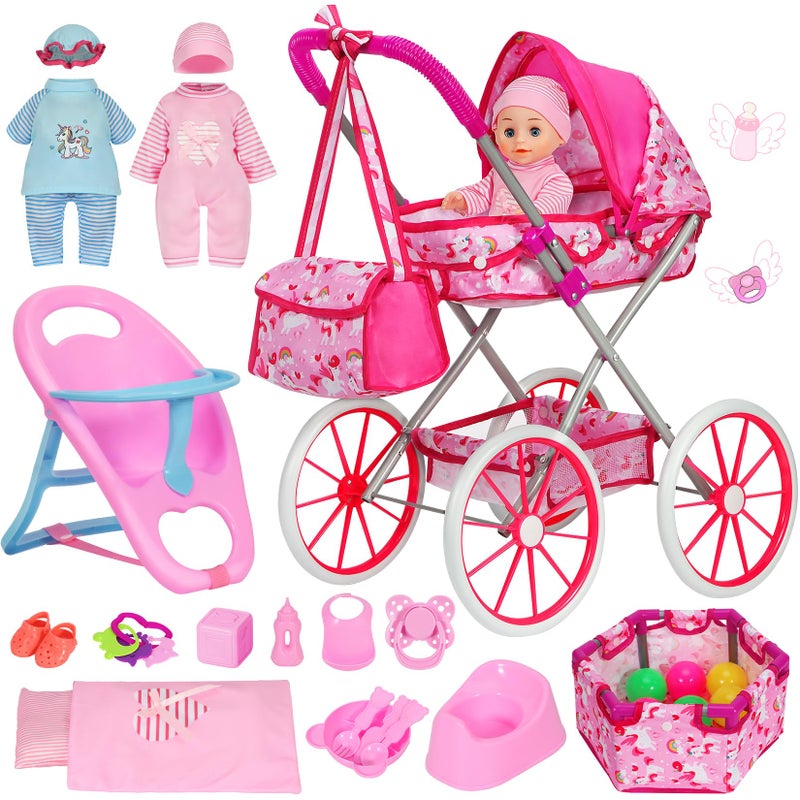 DRAMATION Unicorn Baby Doll Stroller Set with 11 Baby Doll Foldable Doll Stroller Playpen Dining Chair and 24 PCS Baby Doll Accessories Doll Playset Toy for Girls Toddlers 35 46 Birthday Gifts - Image 3
