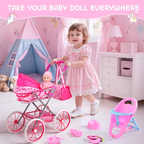 DRAMATION Unicorn Baby Doll Stroller Set with 11 Baby Doll Foldable Doll Stroller Playpen Dining Chair and 24 PCS Baby Doll Accessories Doll Playset Toy for Girls Toddlers 35 46 Birthday Gifts - Image 5