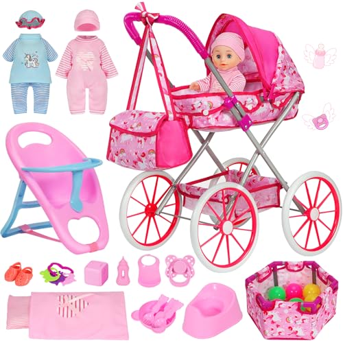DRAMATION Unicorn Baby Doll Stroller Set with 11 Baby Doll Foldable Doll Stroller Playpen Dining Chair and 24 PCS Baby Doll Accessories Doll Playset Toy for Girls Toddlers 35 46 Birthday Gifts - Image 1